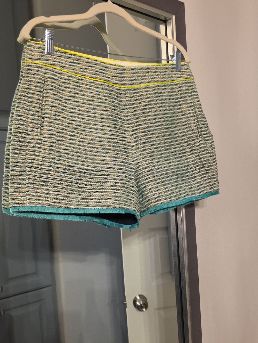 J. Crew Striped High-Waist Shorts with Teal Fringe and Yellow Trim